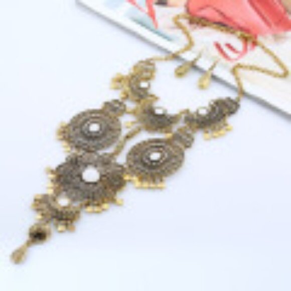 #044 Vintage Long Tassel Shaped Gemstone Necklace Sweater Chain with Earrings - Picture 1 of 3